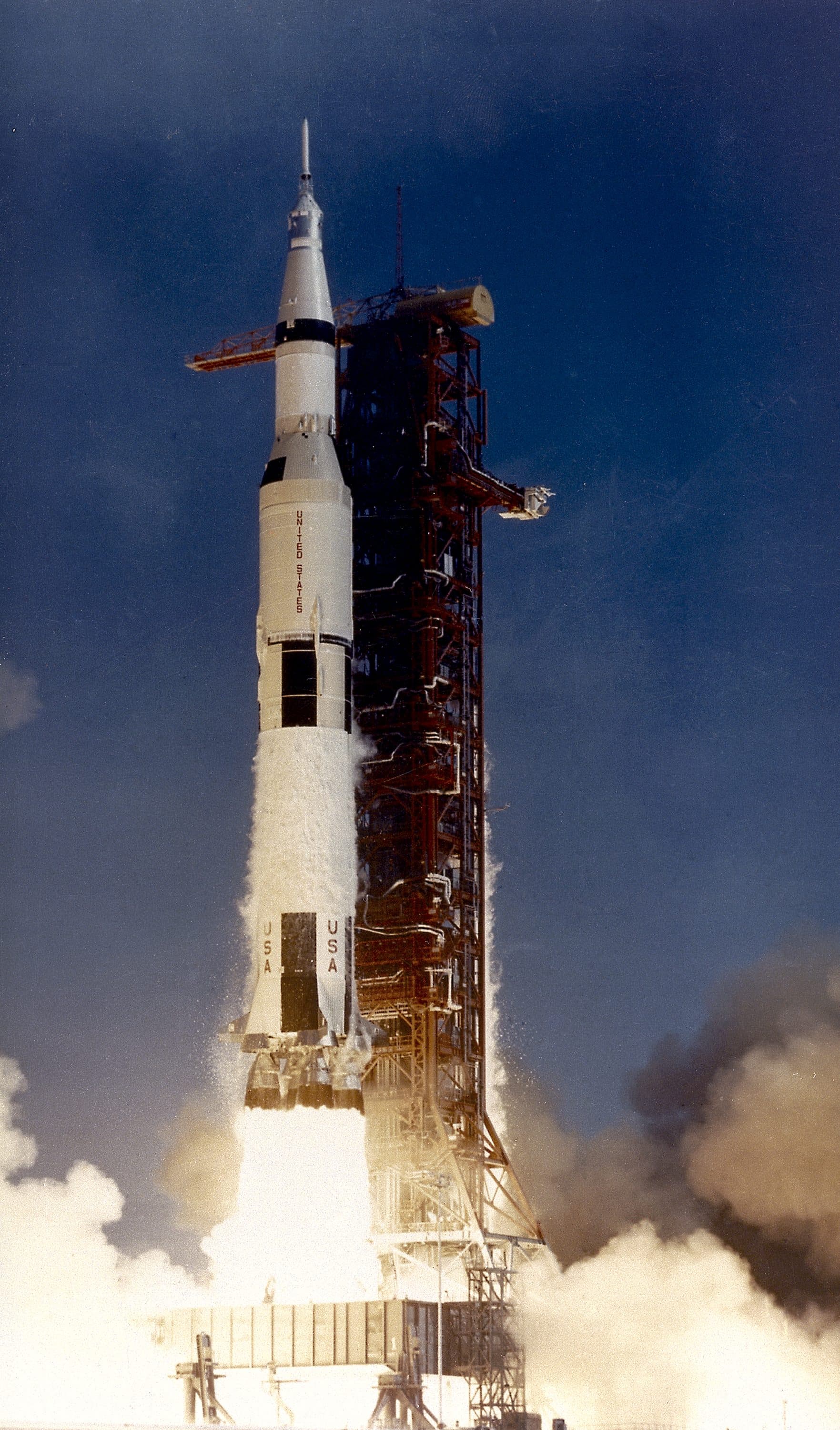 The Apollo 11 Saturn V lifting off its launch tower