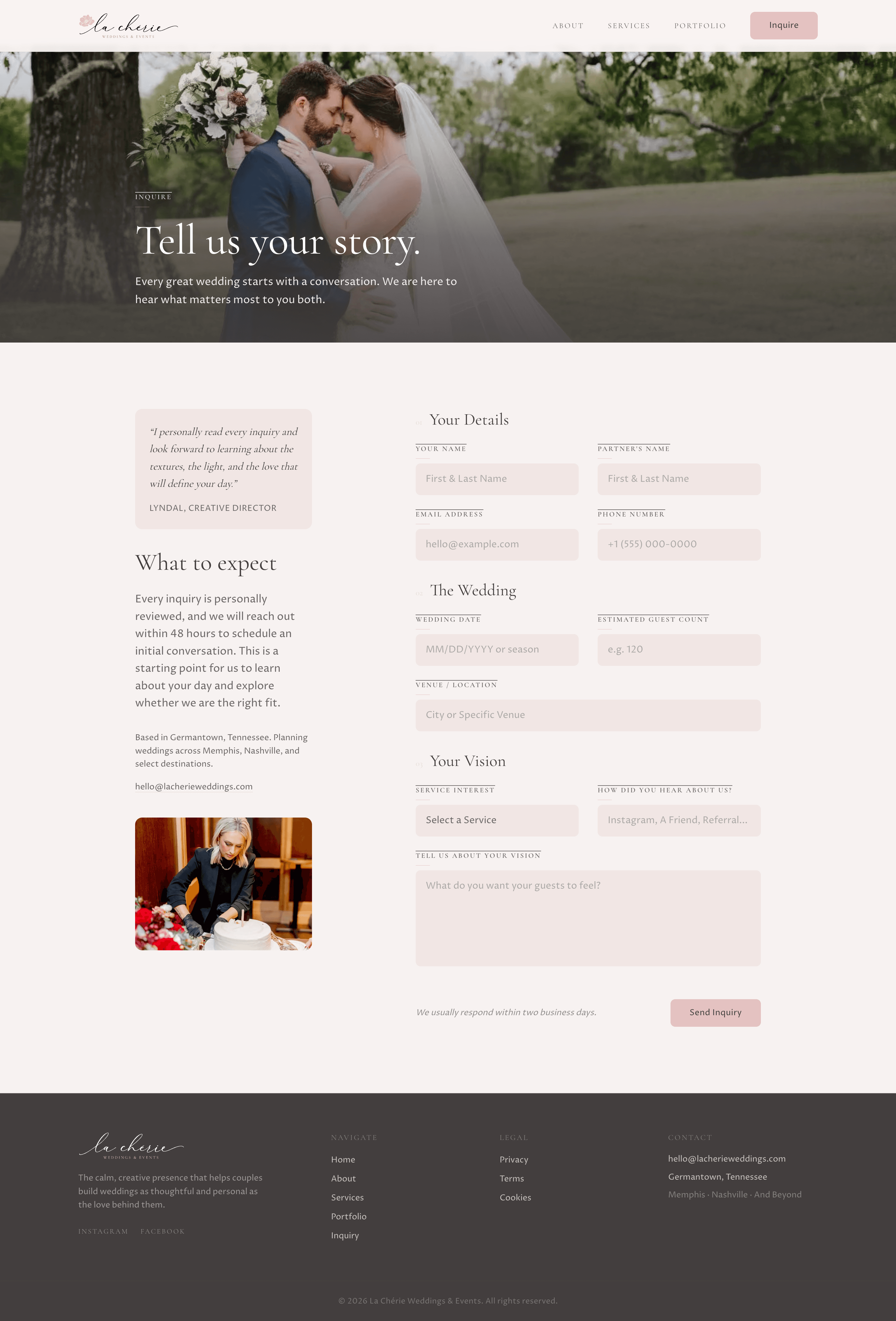 La Chérie Weddings inquiry page after the rebuild