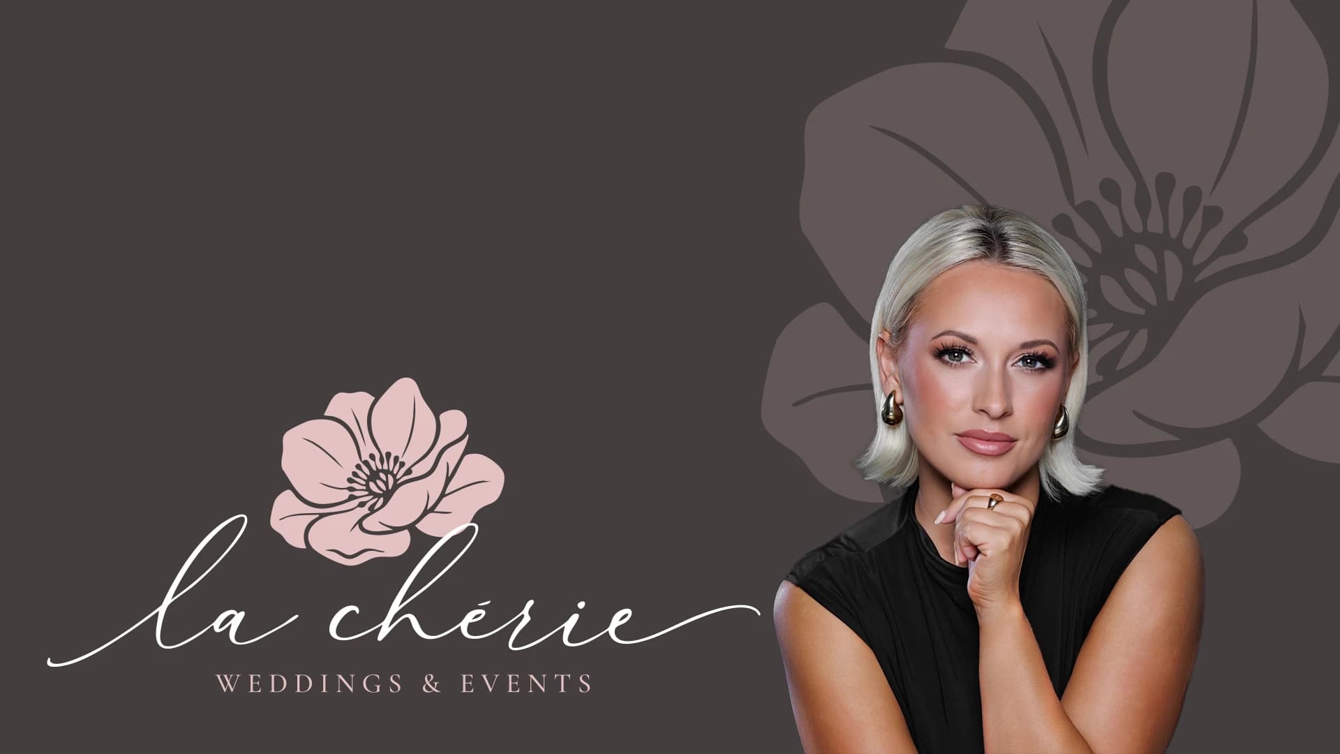 Lyndal, founder of La Chérie Weddings and Events, beside the brand's peony mark