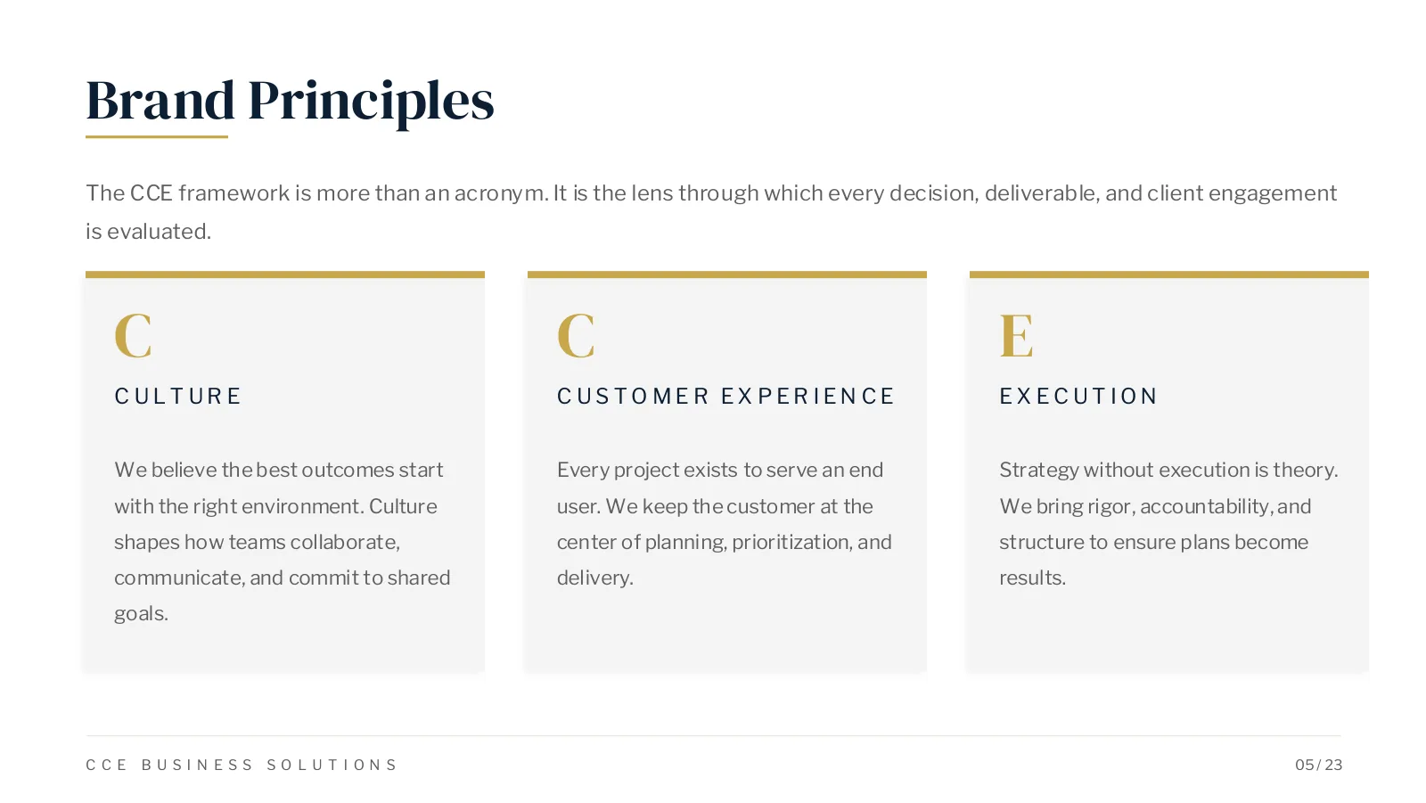 CCE brand principles: Culture, Customer Experience, Execution