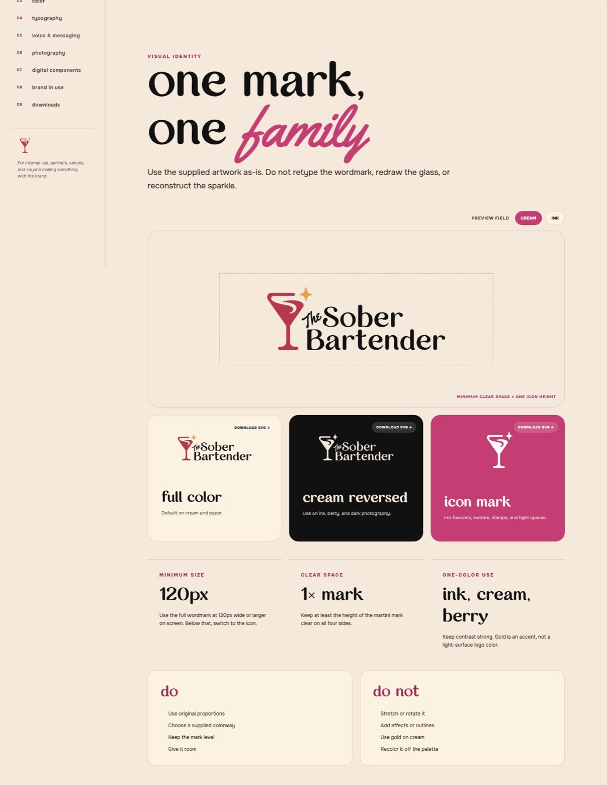 The Sober Bartender logo system: colorways, minimum size, clear space, and usage rules